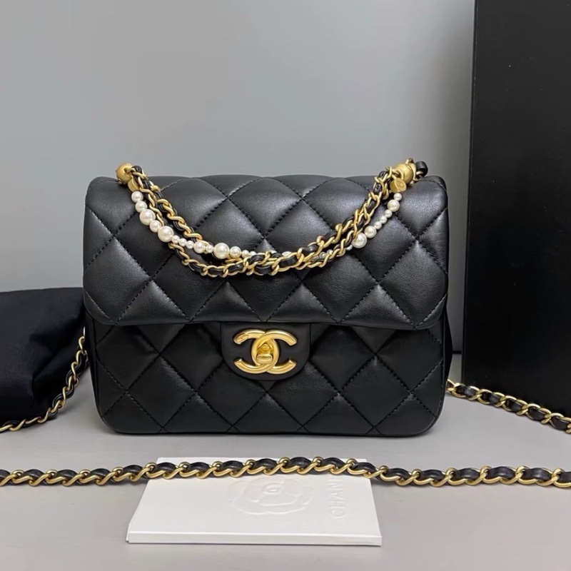 #CHANEL香奈兒CF黑金全皮菱格珍珠鍊條方胖子 芯片 尺寸 20×15 附件防塵袋 發票盒子-10