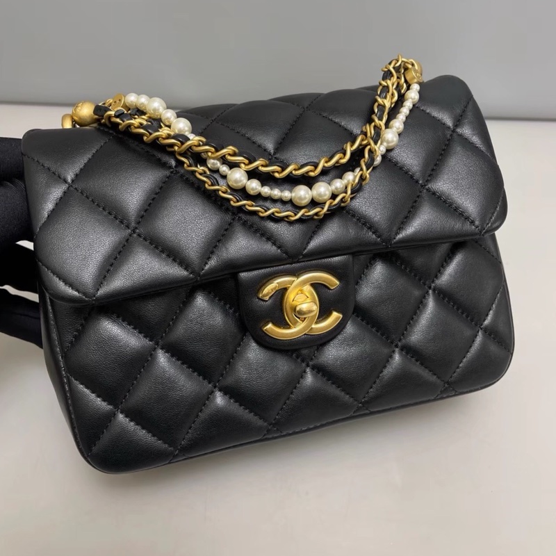 #CHANEL香奈兒CF黑金全皮菱格珍珠鍊條方胖子 芯片 尺寸 20×15 附件防塵袋 發票盒子-16