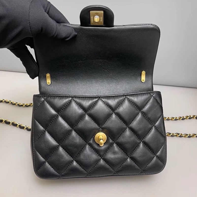 #CHANEL香奈兒CF黑金全皮菱格珍珠鍊條方胖子 芯片 尺寸 20×15 附件防塵袋 發票盒子-17