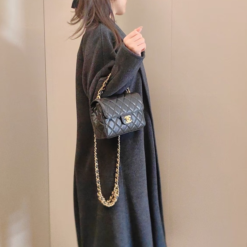 #CHANEL香奈兒CF黑金全皮菱格珍珠鍊條方胖子 芯片 尺寸 20×15 附件防塵袋 發票盒子-19