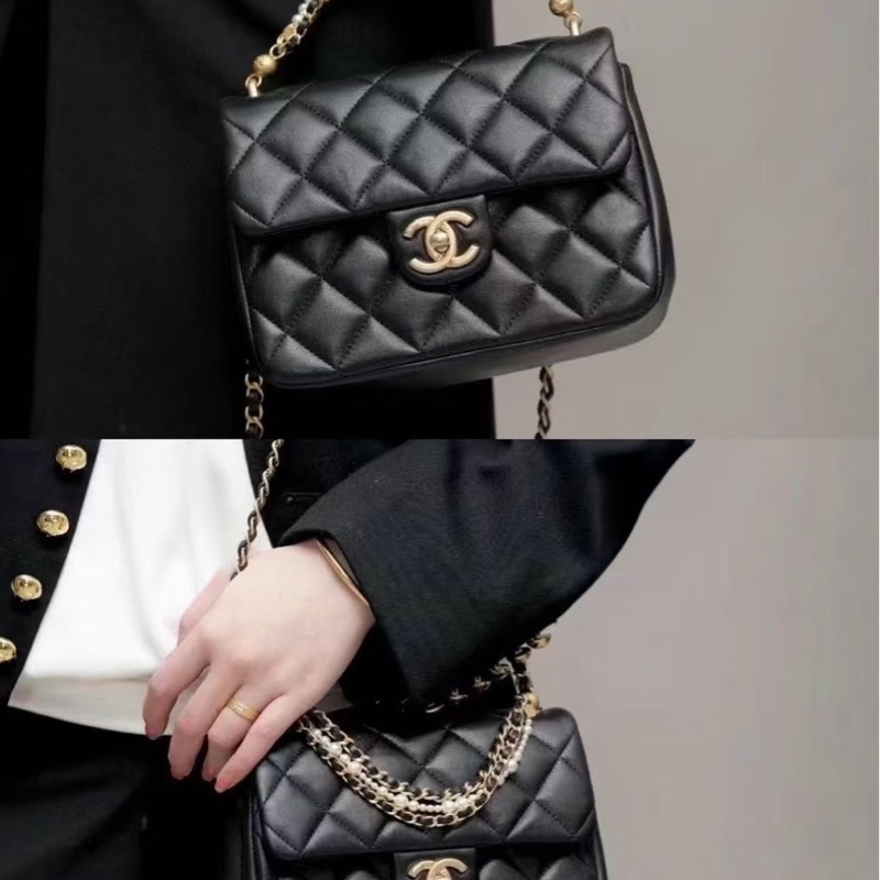 #CHANEL香奈兒CF黑金全皮菱格珍珠鍊條方胖子 芯片 尺寸 20×15 附件防塵袋 發票盒子-21