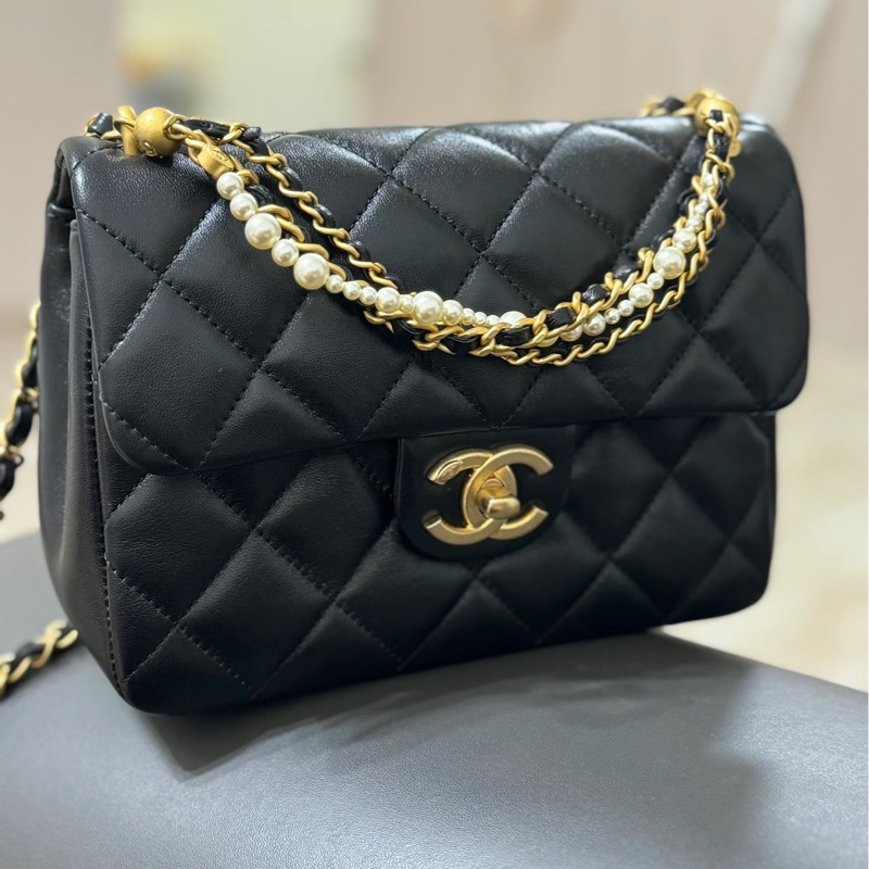 #CHANEL香奈兒CF黑金全皮菱格珍珠鍊條方胖子 芯片 尺寸 20×15 附件防塵袋 發票盒子-25