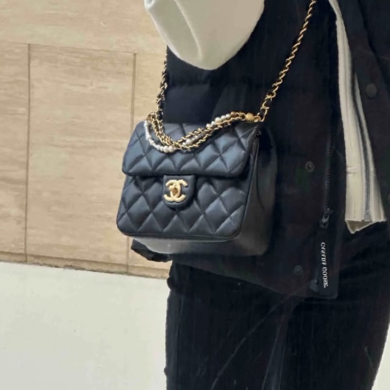#CHANEL香奈兒CF黑金全皮菱格珍珠鍊條方胖子 芯片 尺寸 20×15 附件防塵袋 發票盒子-28