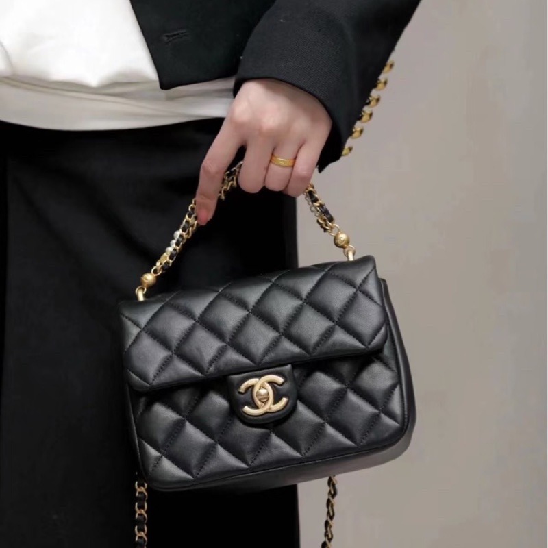 #CHANEL香奈兒CF黑金全皮菱格珍珠鍊條方胖子 芯片 尺寸 20×15 附件防塵袋 發票盒子-29