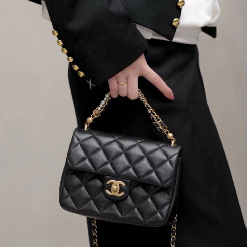#CHANEL香奈兒CF黑金全皮菱格珍珠鍊條方胖子 芯片 尺寸 20×15 附件防塵袋 發票盒子-30