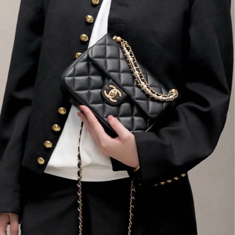#CHANEL香奈兒CF黑金全皮菱格珍珠鍊條方胖子 芯片 尺寸 20×15 附件防塵袋 發票盒子-31