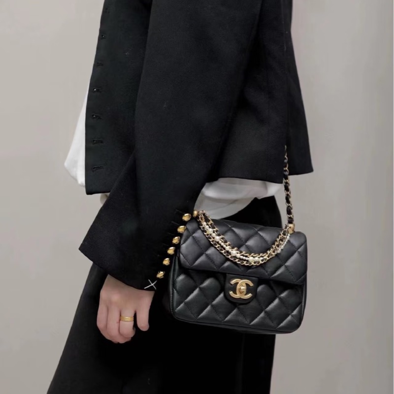 #CHANEL香奈兒CF黑金全皮菱格珍珠鍊條方胖子 芯片 尺寸 20×15 附件防塵袋 發票盒子-32