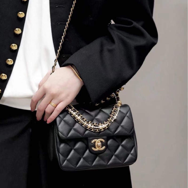 #CHANEL香奈兒CF黑金全皮菱格珍珠鍊條方胖子 芯片 尺寸 20×15 附件防塵袋 發票盒子-33