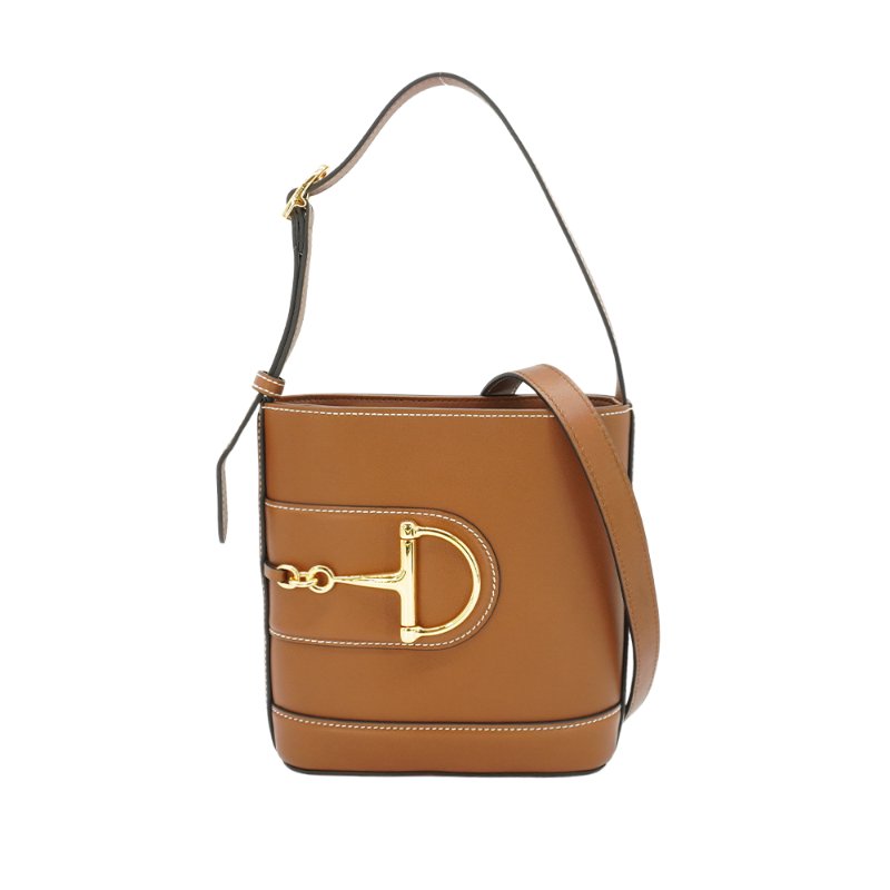 Gucci 展示品 73系列 馬銜釦牛皮迷你水桶包(833665-焦糖棕)-0