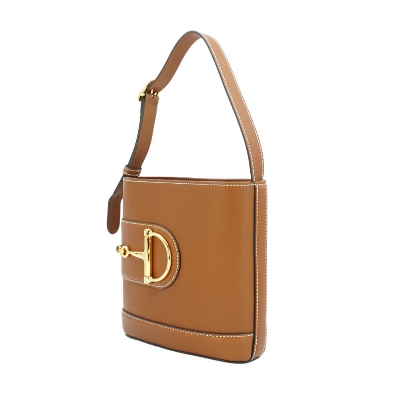 Gucci 展示品 73系列 馬銜釦牛皮迷你水桶包(833665-焦糖棕)-1