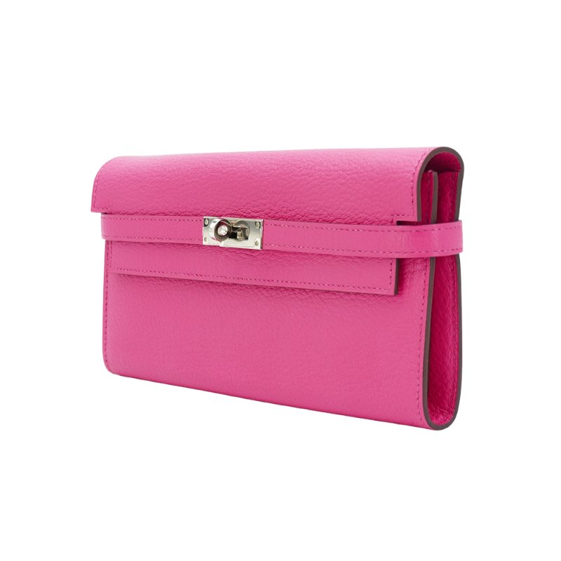 Hermes Kelly 山羊皮銀釦長夾(9I玉蘭粉)-1