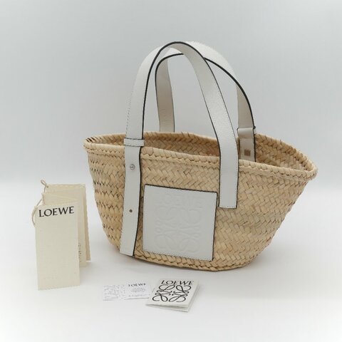 Loewe 羅威 Basket 原色棕櫚葉 白色小牛皮拼接中型編織托特包