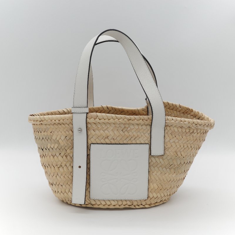 Loewe 羅威 Basket 原色棕櫚葉 白色小牛皮拼接中型編織托特包-1