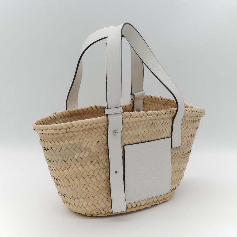 Loewe 羅威 Basket 原色棕櫚葉 白色小牛皮拼接中型編織托特包-2