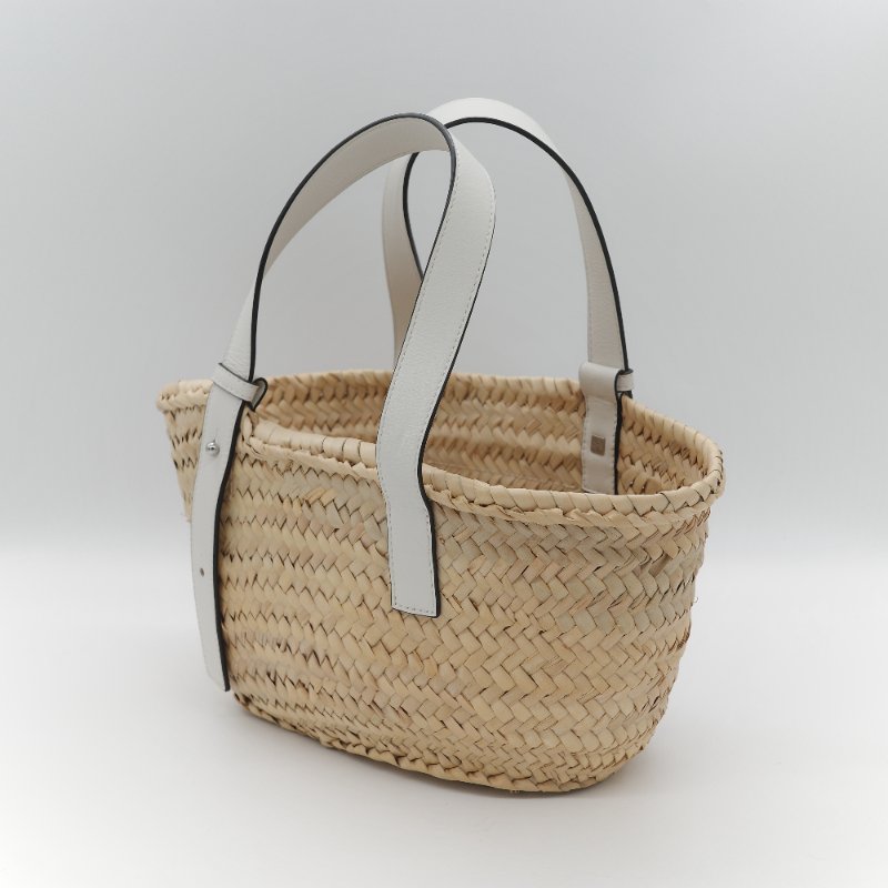 Loewe 羅威 Basket 原色棕櫚葉 白色小牛皮拼接中型編織托特包-3