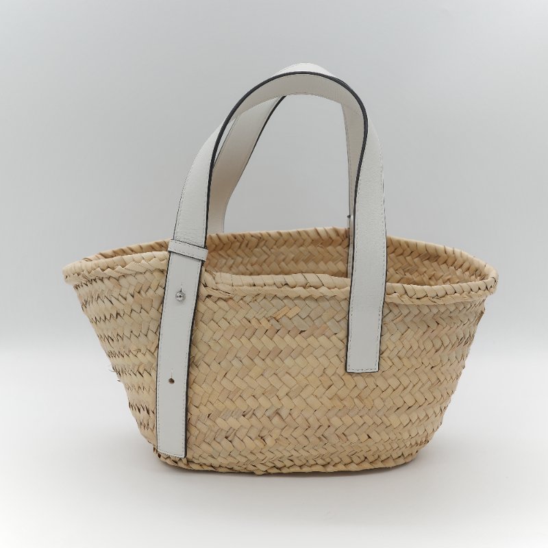 Loewe 羅威 Basket 原色棕櫚葉 白色小牛皮拼接中型編織托特包-4