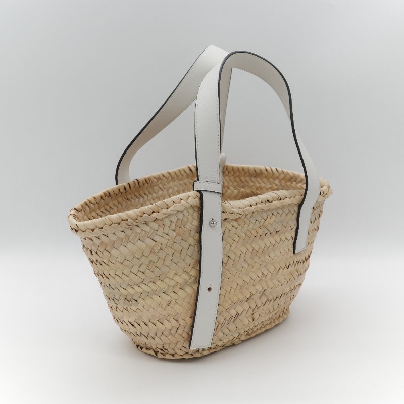 Loewe 羅威 Basket 原色棕櫚葉 白色小牛皮拼接中型編織托特包-5