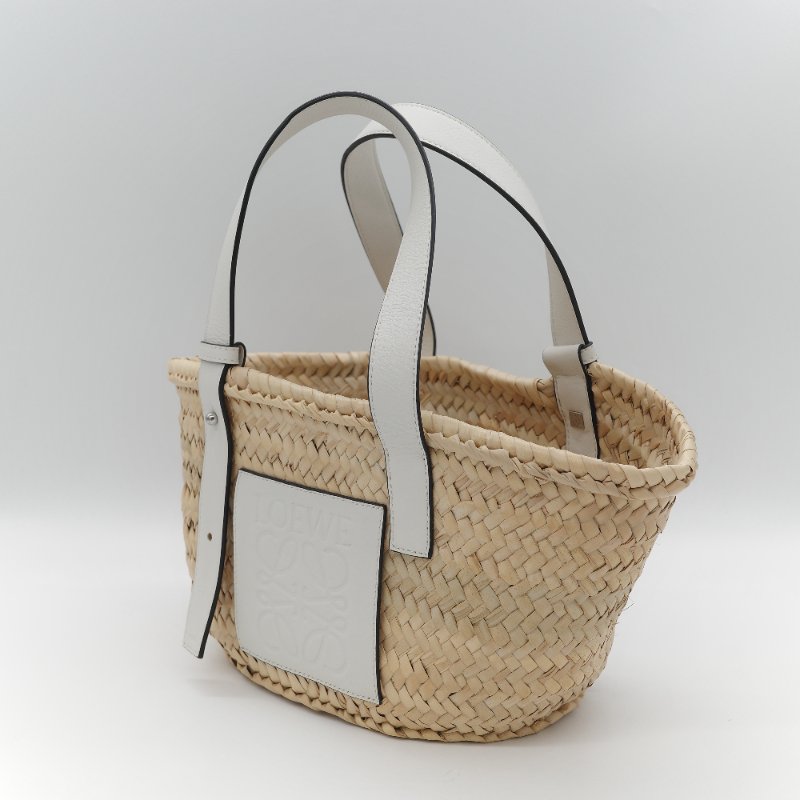 Loewe 羅威 Basket 原色棕櫚葉 白色小牛皮拼接中型編織托特包-6