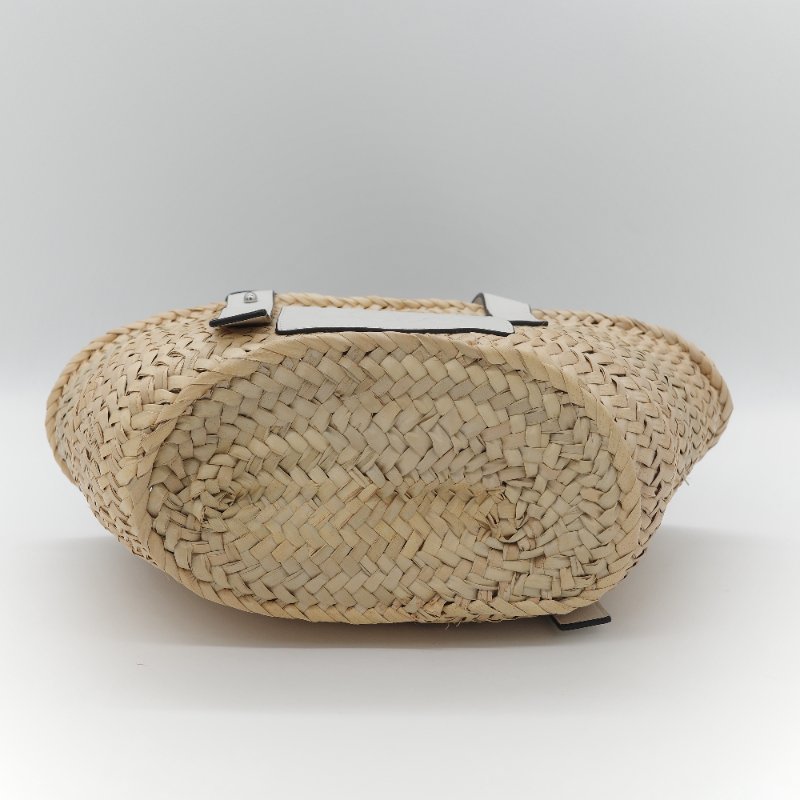 Loewe 羅威 Basket 原色棕櫚葉 白色小牛皮拼接中型編織托特包-7