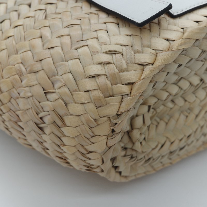 Loewe 羅威 Basket 原色棕櫚葉 白色小牛皮拼接中型編織托特包-8