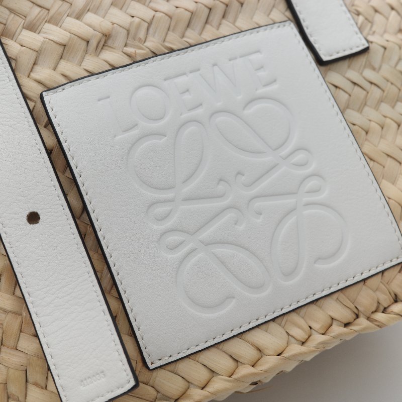 Loewe 羅威 Basket 原色棕櫚葉 白色小牛皮拼接中型編織托特包-9