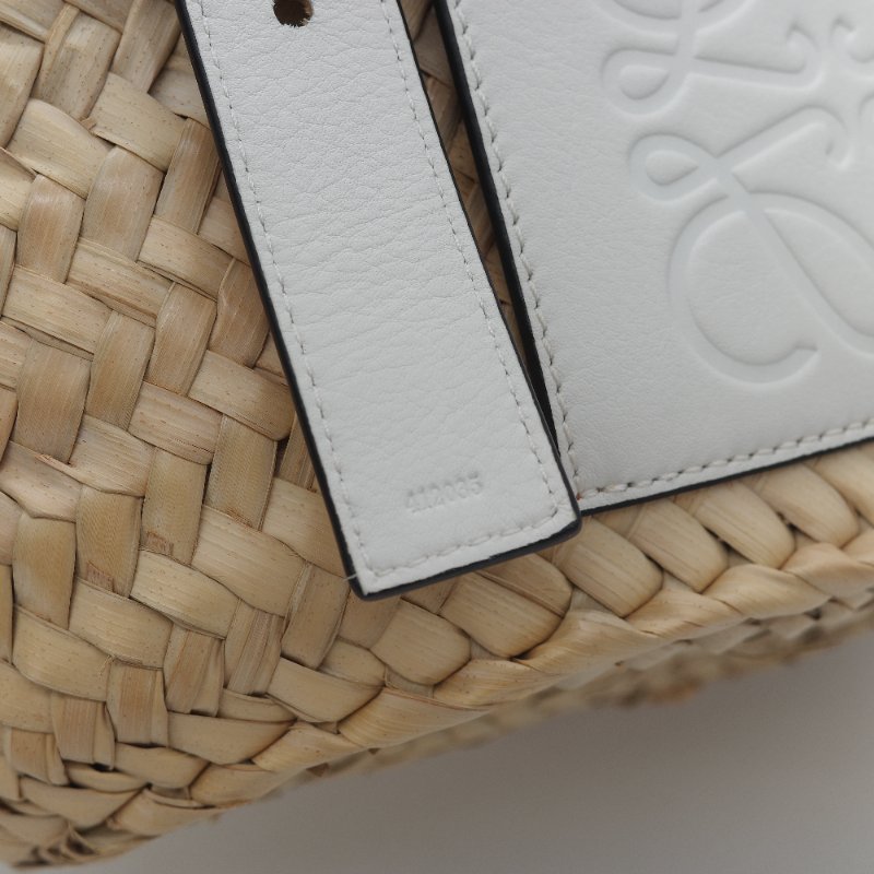 Loewe 羅威 Basket 原色棕櫚葉 白色小牛皮拼接中型編織托特包-10