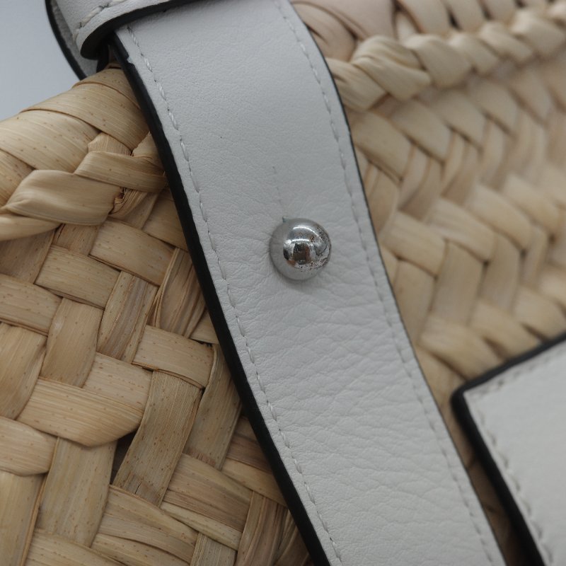 Loewe 羅威 Basket 原色棕櫚葉 白色小牛皮拼接中型編織托特包-11