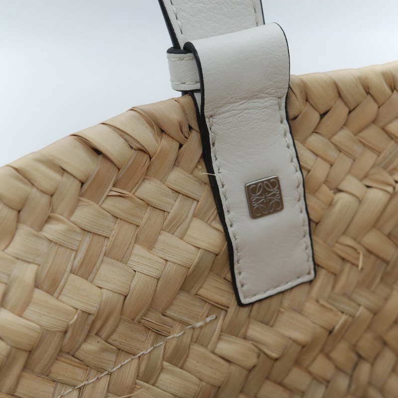 Loewe 羅威 Basket 原色棕櫚葉 白色小牛皮拼接中型編織托特包-16