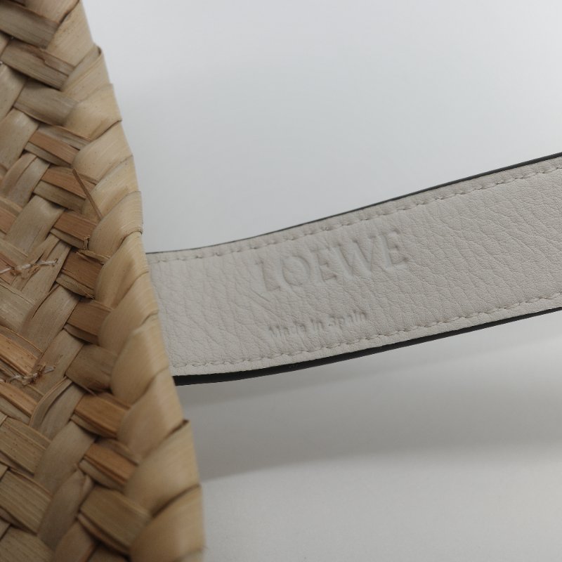 Loewe 羅威 Basket 原色棕櫚葉 白色小牛皮拼接中型編織托特包-18