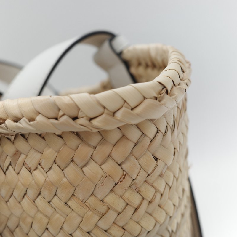 Loewe 羅威 Basket 原色棕櫚葉 白色小牛皮拼接中型編織托特包-20