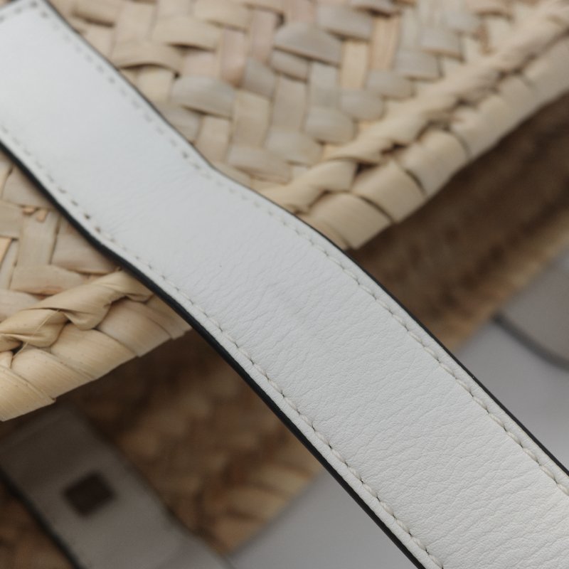 Loewe 羅威 Basket 原色棕櫚葉 白色小牛皮拼接中型編織托特包-22