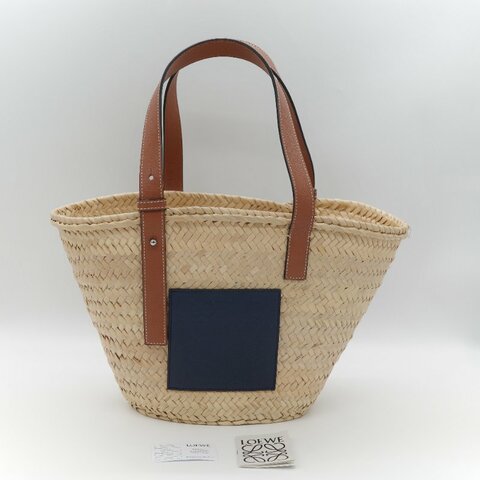 Loewe 羅威 Basket 深藍色小牛皮 原色棕櫚葉編織 托特包 肩背包 手提籃