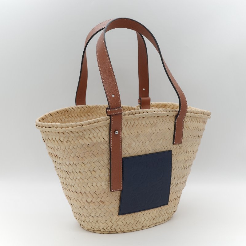 Loewe 羅威 Basket 深藍色小牛皮 原色棕櫚葉編織 托特包 肩背包 手提籃-1