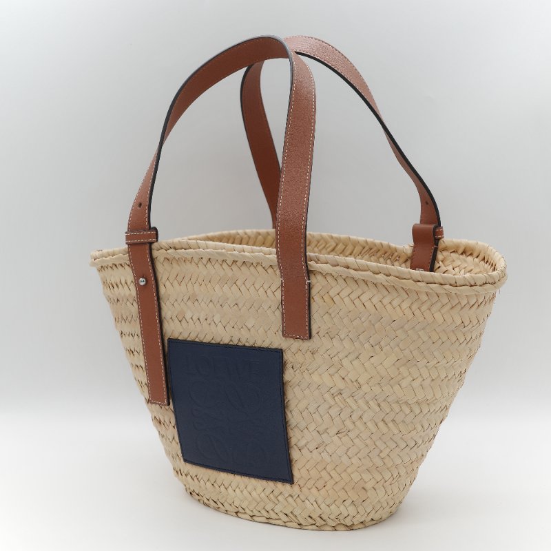 Loewe 羅威 Basket 深藍色小牛皮 原色棕櫚葉編織 托特包 肩背包 手提籃-2