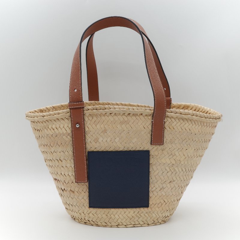 Loewe 羅威 Basket 深藍色小牛皮 原色棕櫚葉編織 托特包 肩背包 手提籃-3