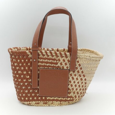Loewe 羅威 Basket 雙色拼接原色棕櫚葉 小牛皮 中型編織手包