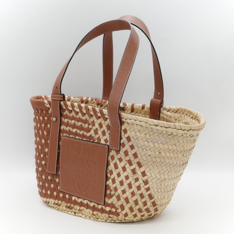 Loewe 羅威 Basket 雙色拼接原色棕櫚葉 小牛皮 中型編織手包-2