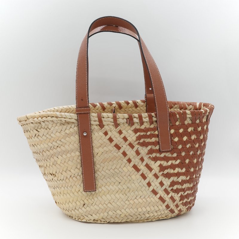 Loewe 羅威 Basket 雙色拼接原色棕櫚葉 小牛皮 中型編織手包-3