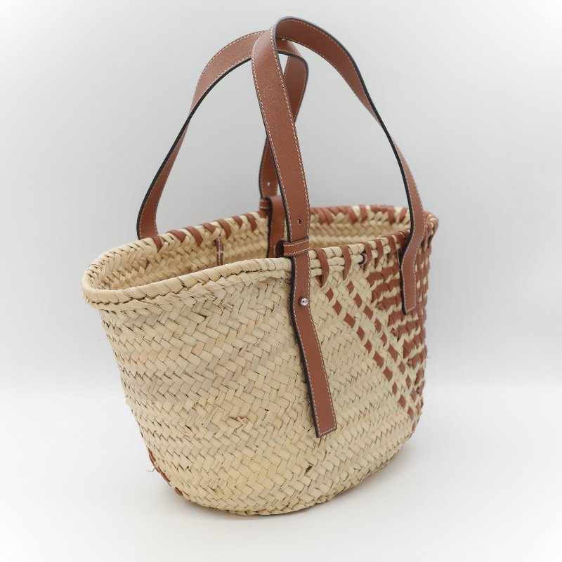 Loewe 羅威 Basket 雙色拼接原色棕櫚葉 小牛皮 中型編織手包-4