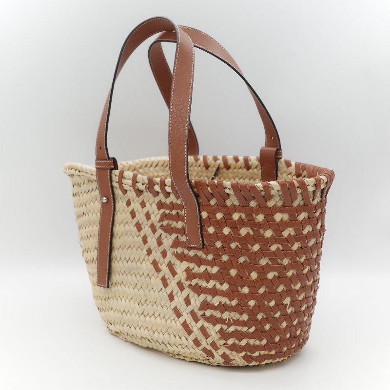 Loewe 羅威 Basket 雙色拼接原色棕櫚葉 小牛皮 中型編織手包-5