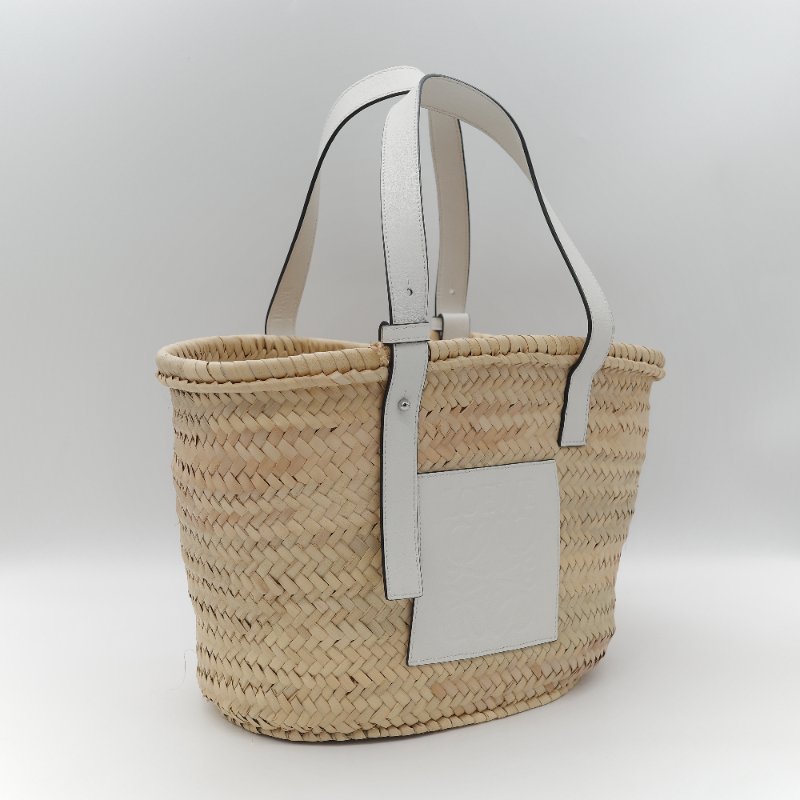 Loewe 羅威 Basket 原色棕櫚葉編織 白色小牛皮 編織托特包 手提籃-1