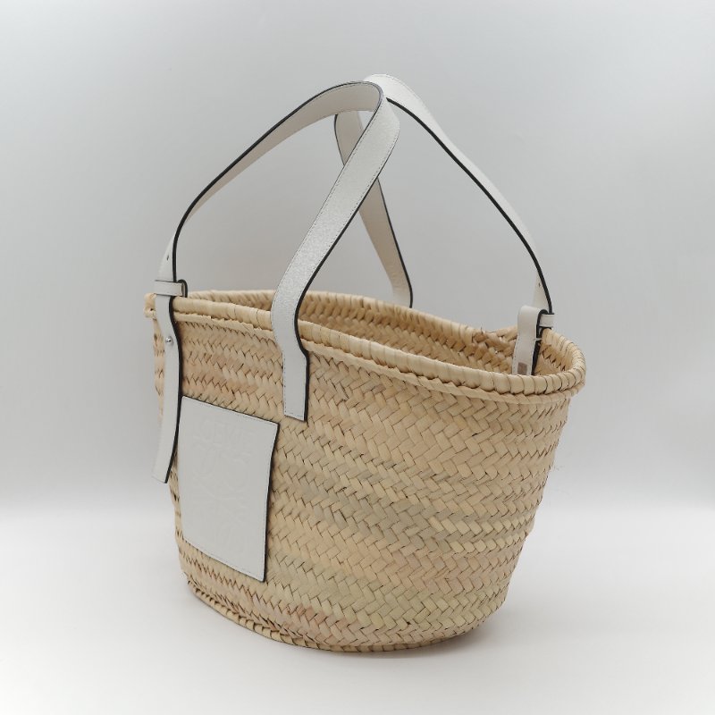 Loewe 羅威 Basket 原色棕櫚葉編織 白色小牛皮 編織托特包 手提籃-2