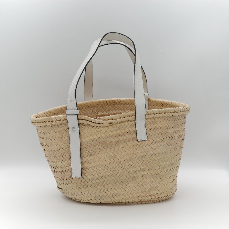 Loewe 羅威 Basket 原色棕櫚葉編織 白色小牛皮 編織托特包 手提籃-3