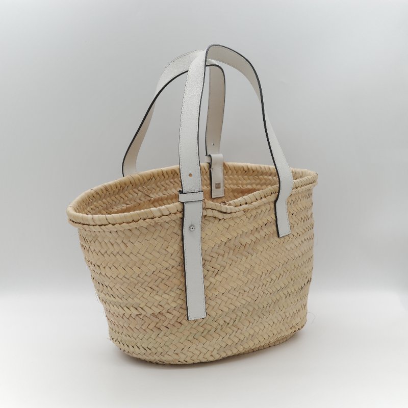 Loewe 羅威 Basket 原色棕櫚葉編織 白色小牛皮 編織托特包 手提籃-4