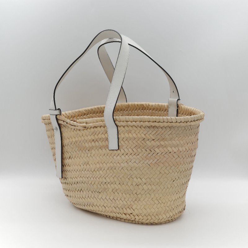 Loewe 羅威 Basket 原色棕櫚葉編織 白色小牛皮 編織托特包 手提籃-5