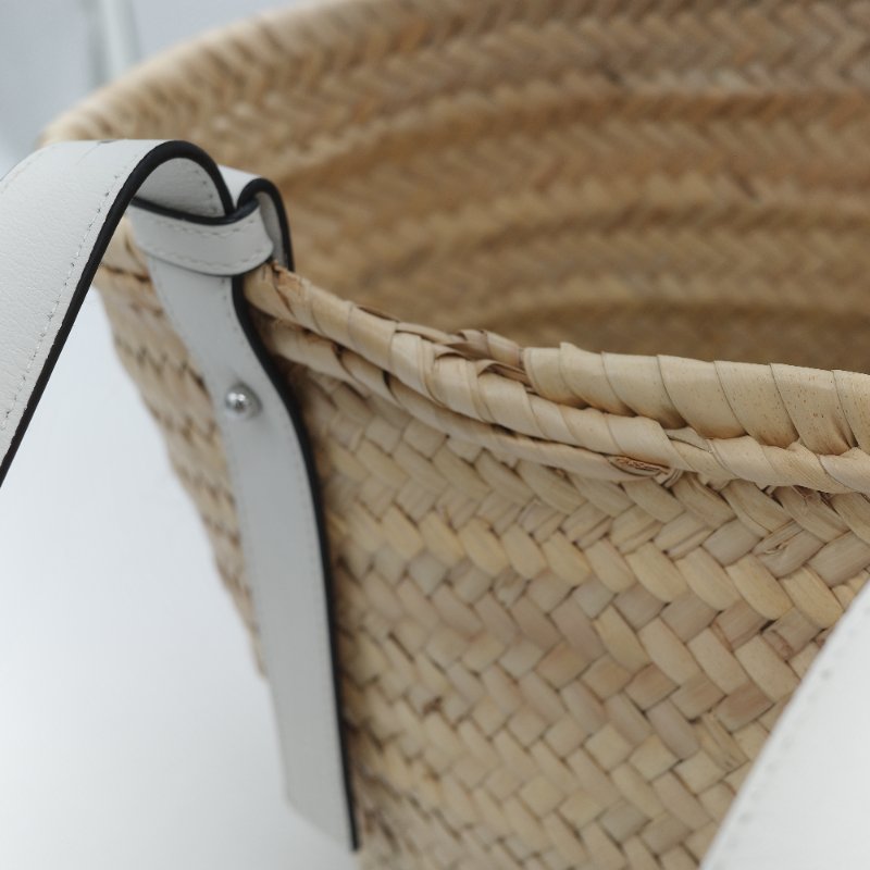 Loewe 羅威 Basket 原色棕櫚葉編織 白色小牛皮 編織托特包 手提籃-12
