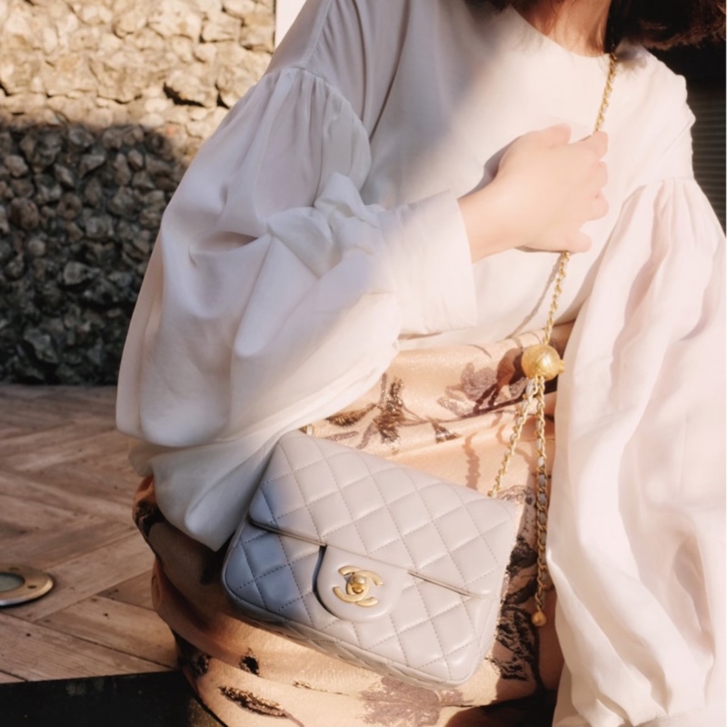✨Chanel 灰色金扣 金珠方胖子 99新 芯片款🩶-2