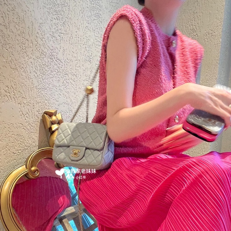 ✨Chanel 灰色金扣 金珠方胖子 99新 芯片款🩶-3