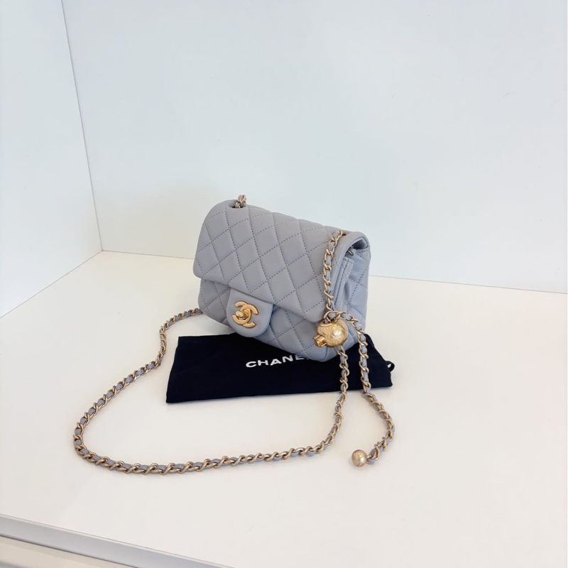 ✨Chanel 灰色金扣 金珠方胖子 99新 芯片款🩶-6