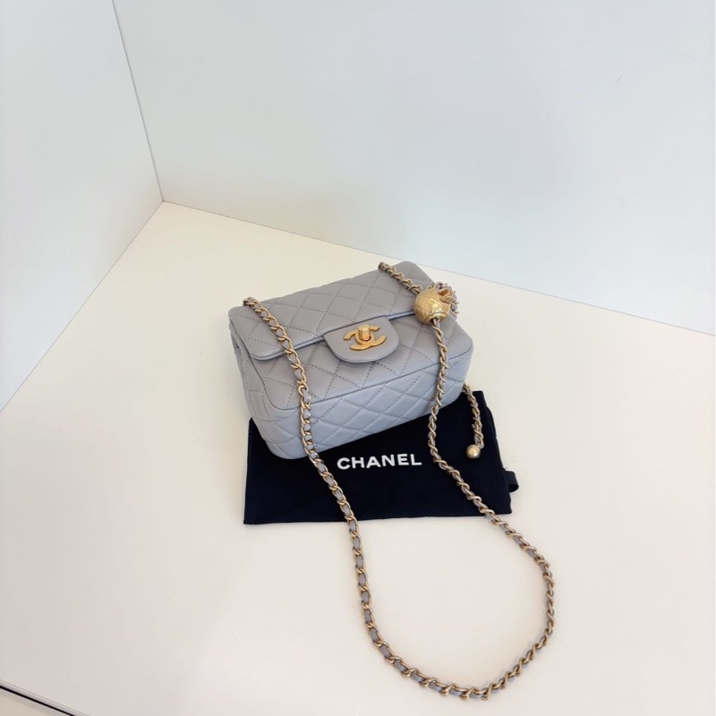 ✨Chanel 灰色金扣 金珠方胖子 99新 芯片款🩶-10